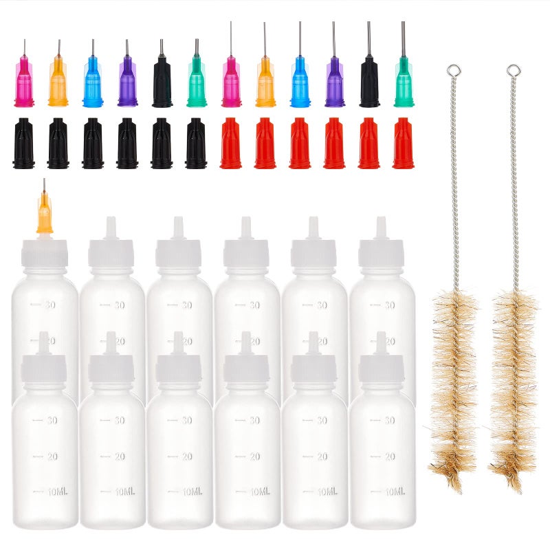 BENECREAT 12 Pack 1 Ounce Multi Purpose DIY Precision Tip Applicator Bottles Set with 24 Tips 12 Caps DIY Quilling Glue Applicator Oiler Bottle