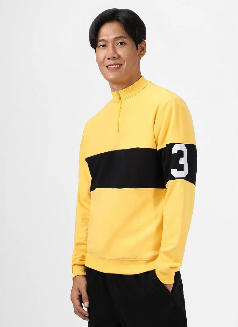 Urbano Fashion Men's Yellow Cotton Color Block Round Neck Sweatshirt