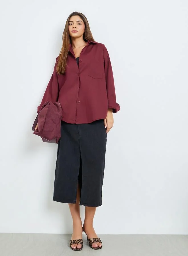 Styli Burgundy Oversized Shirt with Pocket