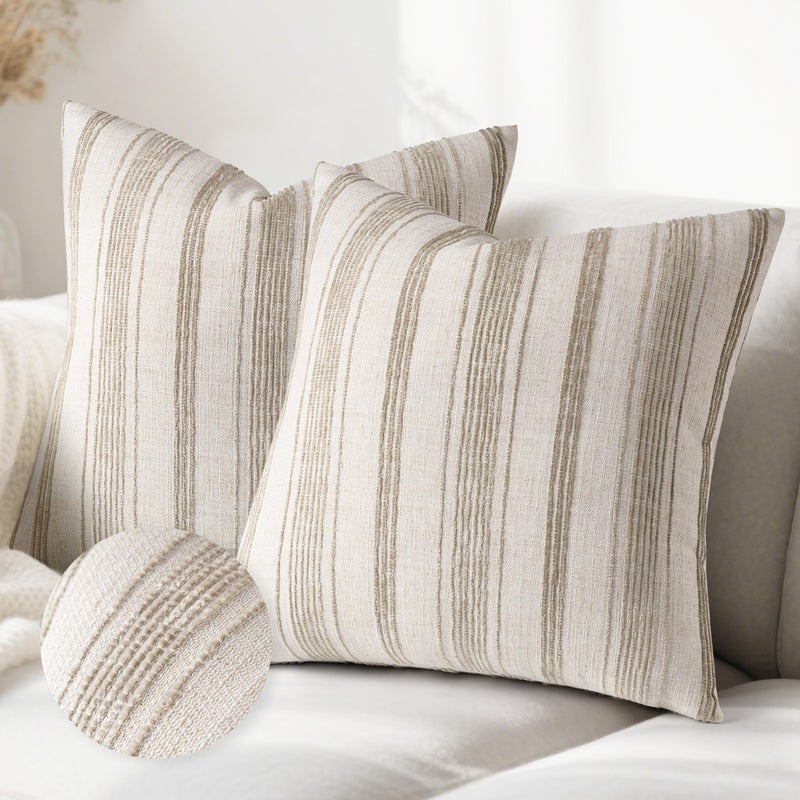 AELS 20x20 Decorative Farmhouse Linen Throw Pillow Covers, Beige with Brown Chenille Striped Pillow Case, Set of 2, Boho Textured Cushion Cover for Sofa Couch Living Room (Cover ONLY) - Image 1