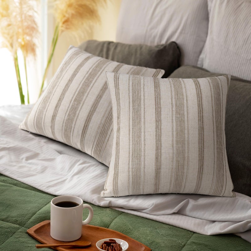 AELS 20x20 Decorative Farmhouse Linen Throw Pillow Covers, Beige with Brown Chenille Striped Pillow Case, Set of 2, Boho Textured Cushion Cover for Sofa Couch Living Room (Cover ONLY) - Image 5
