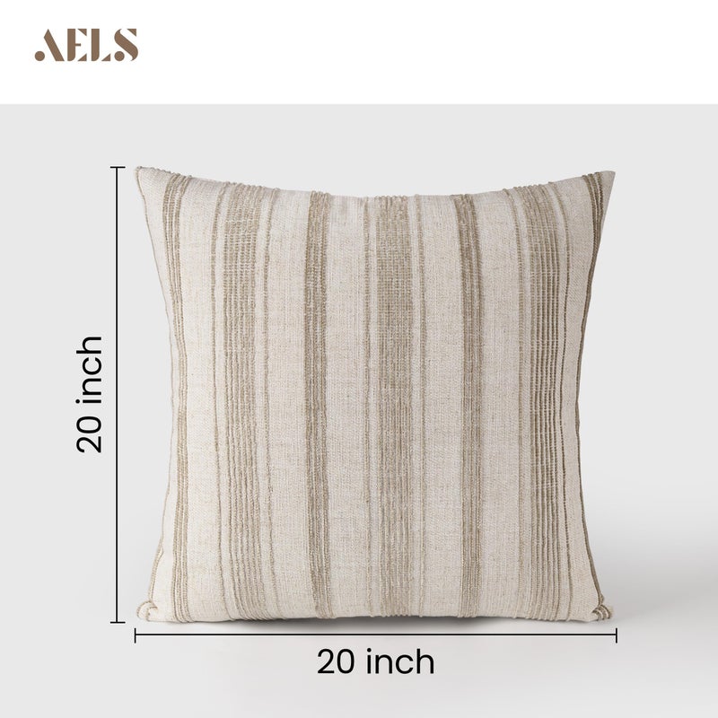 AELS 20x20 Decorative Farmhouse Linen Throw Pillow Covers, Beige with Brown Chenille Striped Pillow Case, Set of 2, Boho Textured Cushion Cover for Sofa Couch Living Room (Cover ONLY) - Image 2