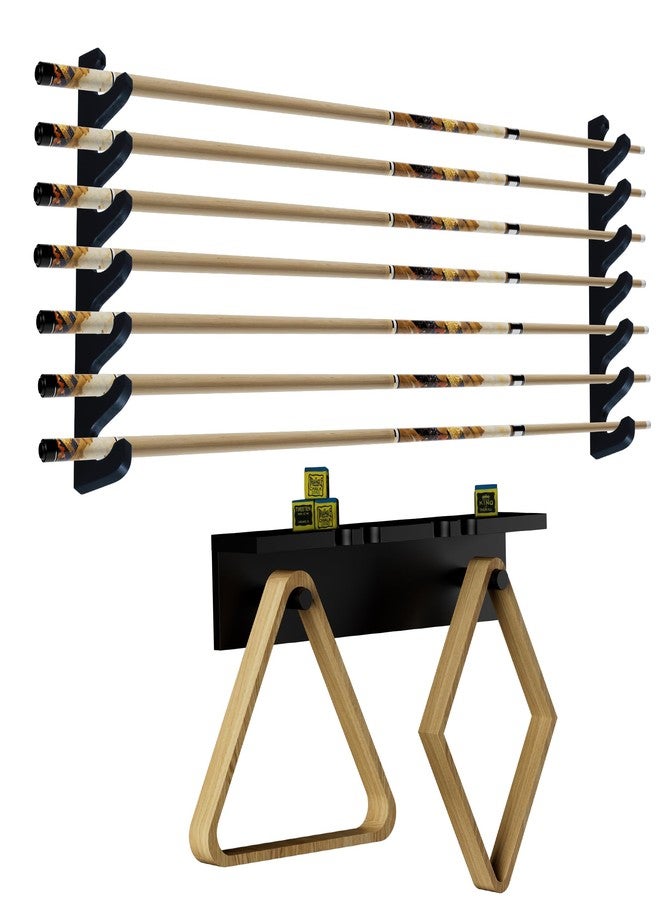 Lnmuzm Black Wall-Mounted Pool Stick Holder, Wooden Billiards Pool Cue Rack Holds 7 Cue Sticks and 2 Pool Ball Racks, Pool Table Accessories Organizer for Billiard Rooms or Clubs - Image 1