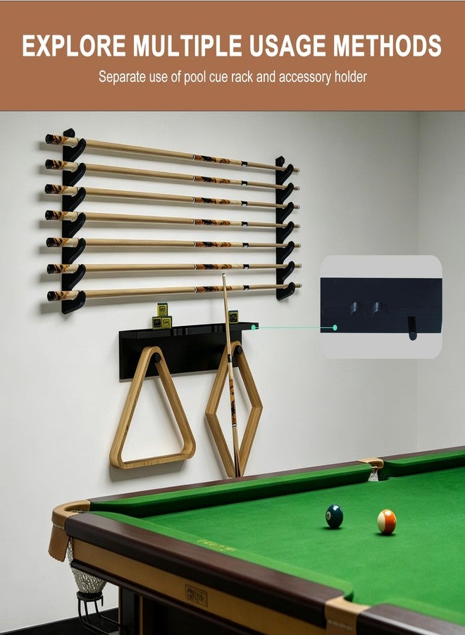 Lnmuzm Black Wall-Mounted Pool Stick Holder, Wooden Billiards Pool Cue Rack Holds 7 Cue Sticks and 2 Pool Ball Racks, Pool Table Accessories Organizer for Billiard Rooms or Clubs - Image 3