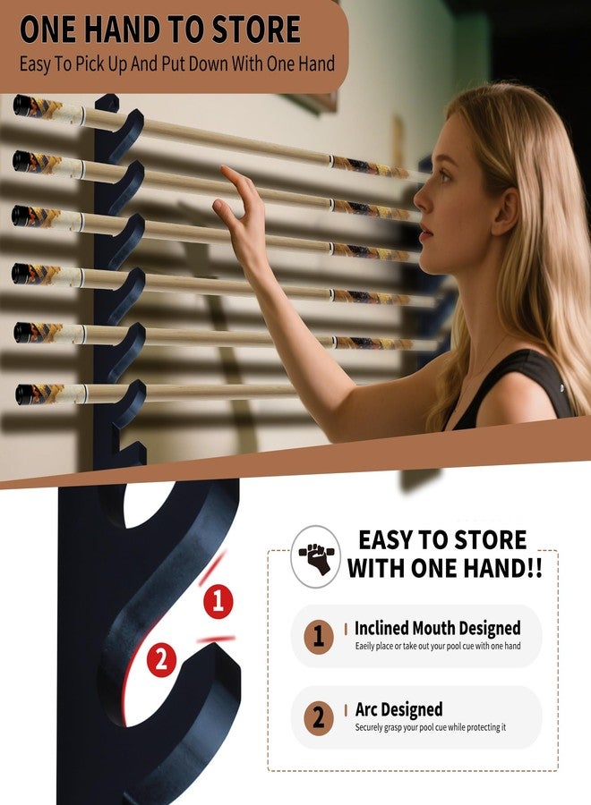 Lnmuzm Black Wall-Mounted Pool Stick Holder, Wooden Billiards Pool Cue Rack Holds 7 Cue Sticks and 2 Pool Ball Racks, Pool Table Accessories Organizer for Billiard Rooms or Clubs - Image 2