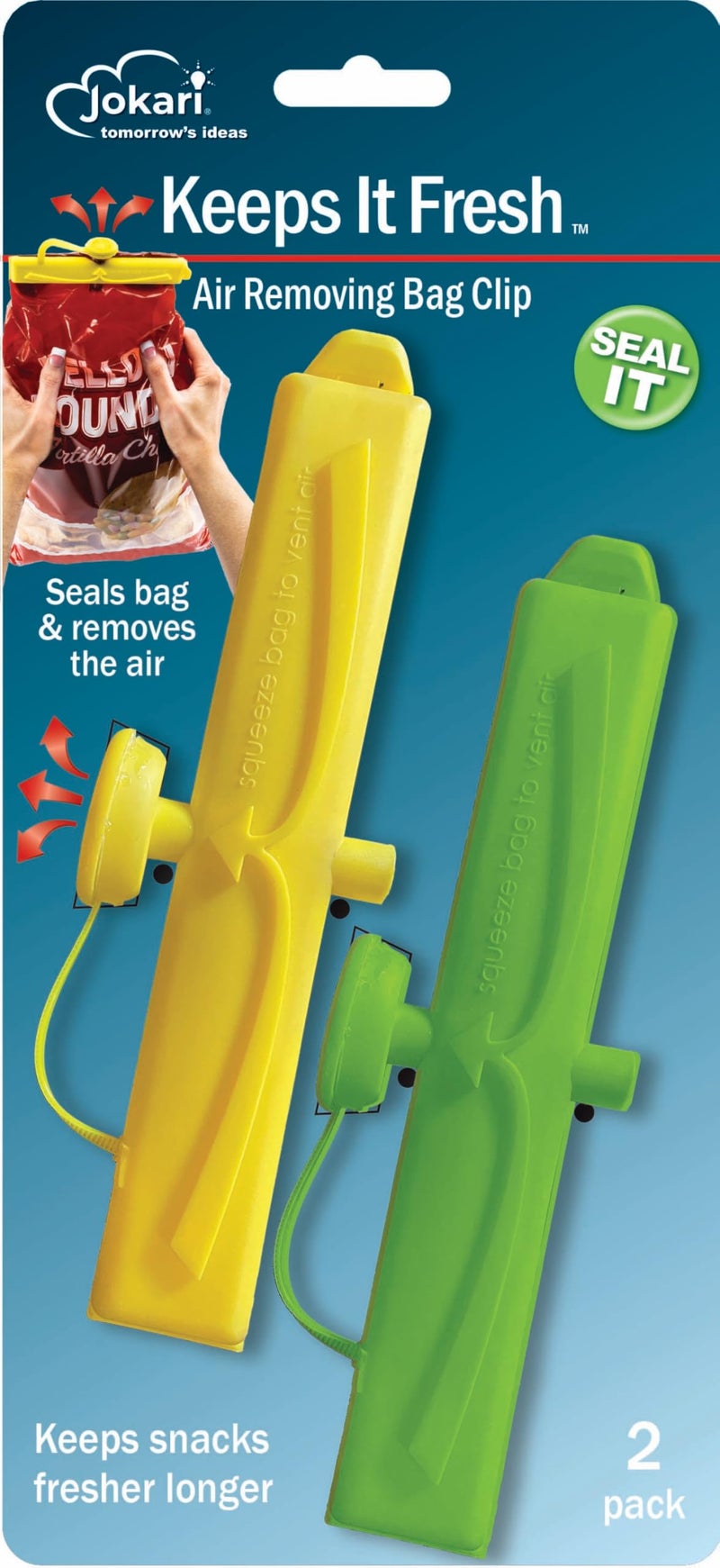 Jokari Air Removing Bag Clips 2 Pack Keep Chips Cereal Bread or Snacks Fresh and Crisp Longer The Easy Way to Seal Bags and Remove Air to Keep Food Fresh and From Getting Stale or Losing Crunch
