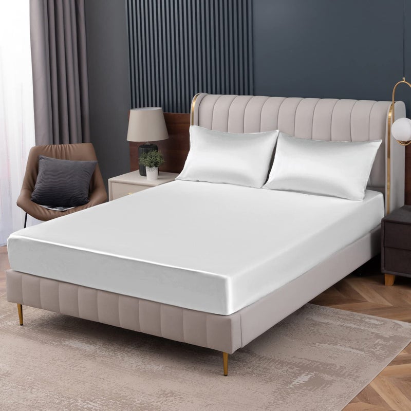 Homiest White Satin Fitted Sheet Full Size Fitted Bed Sheet  Deep Pocket Fitted Sheet Only  Luxury & Ultra Soft Bedding Fitted Sheet Single Bottom Bed Sheets Sold Separately - Image 1