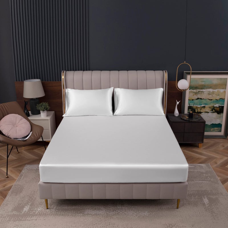 Homiest White Satin Fitted Sheet Full Size Fitted Bed Sheet  Deep Pocket Fitted Sheet Only  Luxury & Ultra Soft Bedding Fitted Sheet Single Bottom Bed Sheets Sold Separately - Image 2