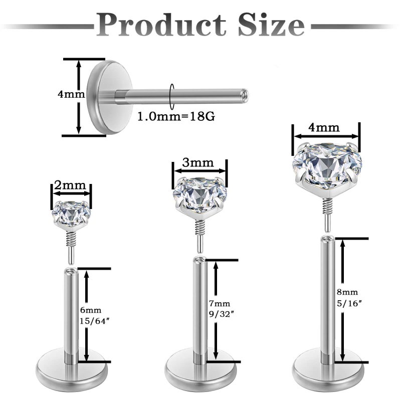 Gotumo 18G Flat Back Earrings Stud Nose Ring Titanium Internal Thread Tragus Labret Cartilage Lip Medusa Conch Body Piercing Jewelry Nose Stud Hypoallergenic for Women Men(Silver S) - Image 2