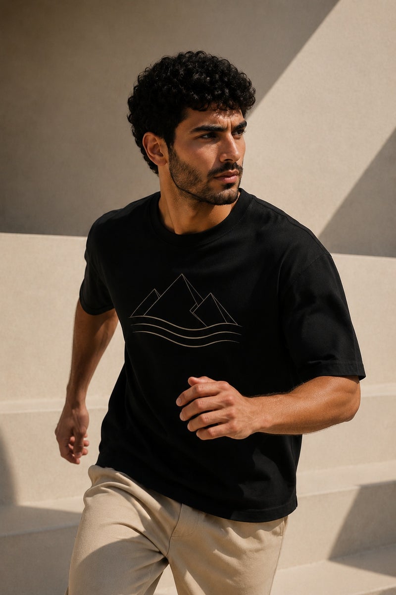 Men's Black Minimalist Mountain Graphic T-Shirt Casual Short Sleeve Crew Neck Streetwear Tee - Image 3