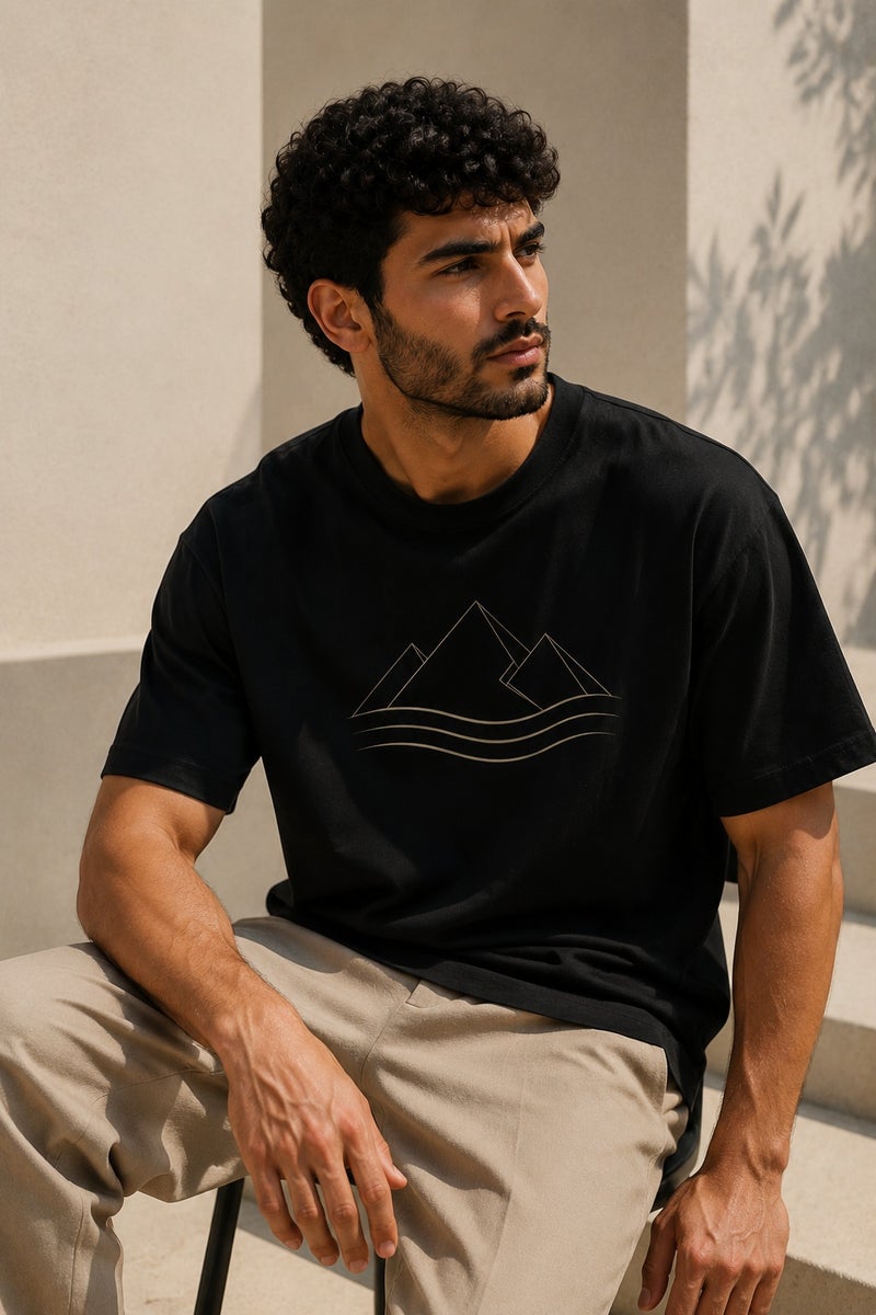 Men's Black Minimalist Mountain Graphic T-Shirt Casual Short Sleeve Crew Neck Streetwear Tee - Image 4