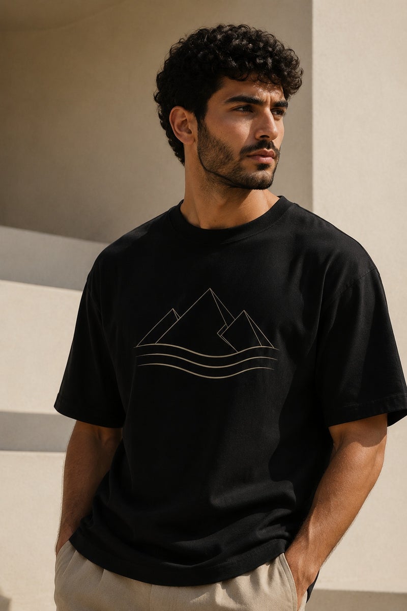 Men's Black Minimalist Mountain Graphic T-Shirt Casual Short Sleeve Crew Neck Streetwear Tee - Image 1