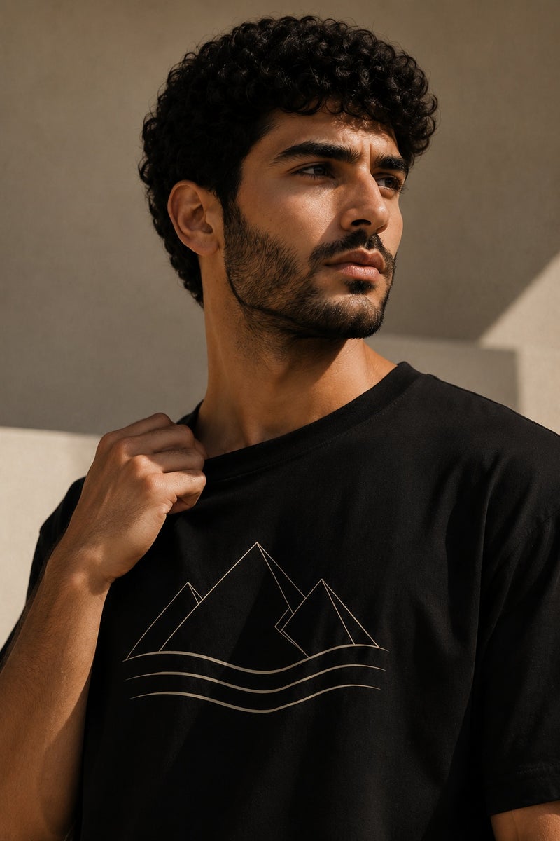 Men's Black Minimalist Mountain Graphic T-Shirt Casual Short Sleeve Crew Neck Streetwear Tee - Image 5