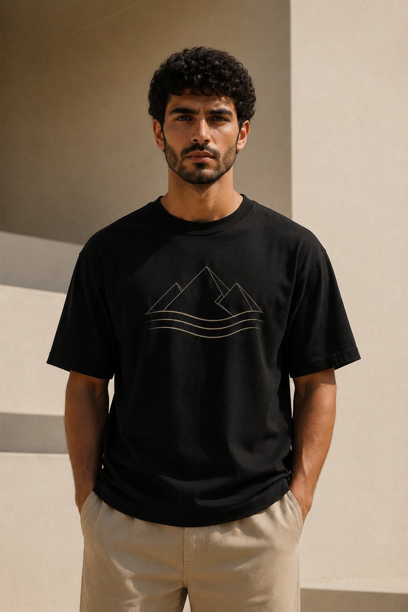 Men's Black Minimalist Mountain Graphic T-Shirt Casual Short Sleeve Crew Neck Streetwear Tee - Image 2