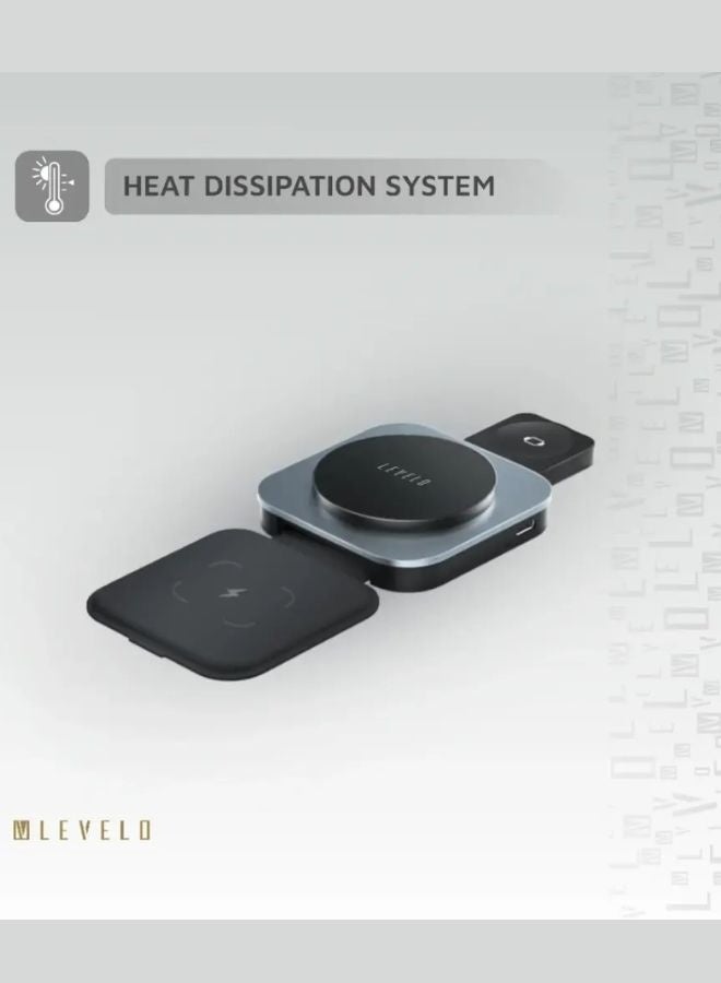 LEVELO Foldable 3-in-1 Wireless Charger – Fast Charging Station for iPhone, Apple Watch & AirPods – Black - Image 2