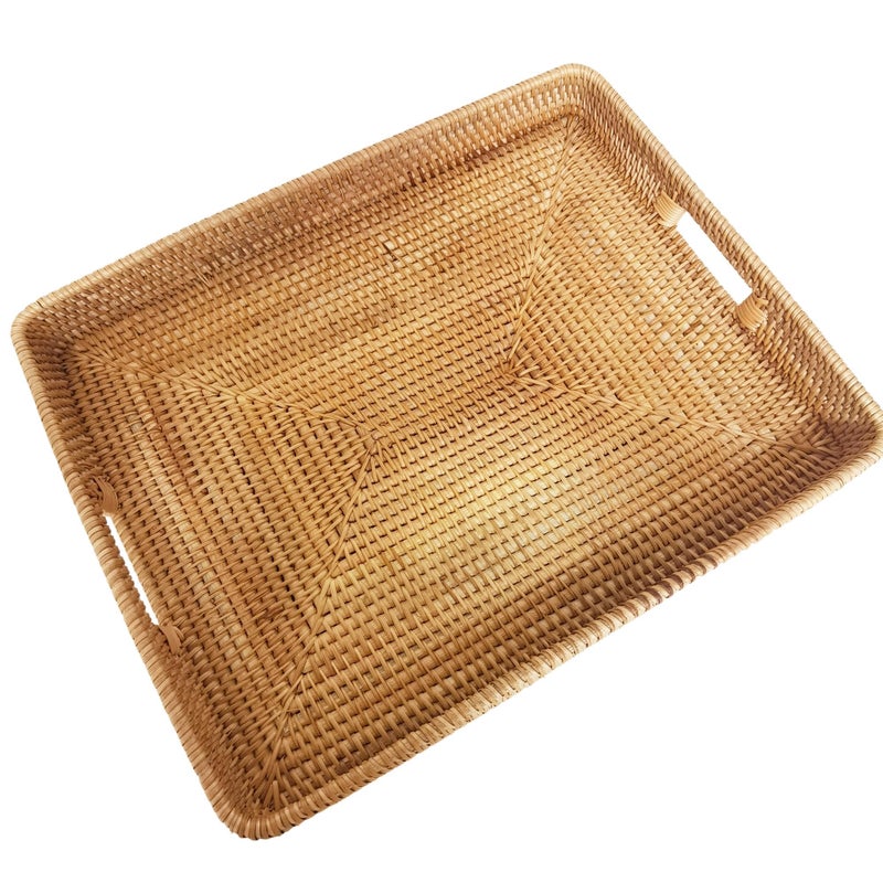 i-lan 20 Inch Handmade Rectangular Countertop Serving Trays with Cutout Handles,Rustic Decorative Rattan Woven Platter Holding Breakfast,Fruits,All Dish and Table Accessories. - Image 1