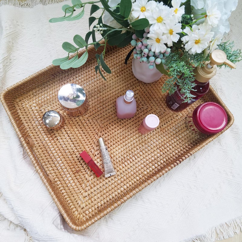 i-lan 20 Inch Handmade Rectangular Countertop Serving Trays with Cutout Handles,Rustic Decorative Rattan Woven Platter Holding Breakfast,Fruits,All Dish and Table Accessories. - Image 5