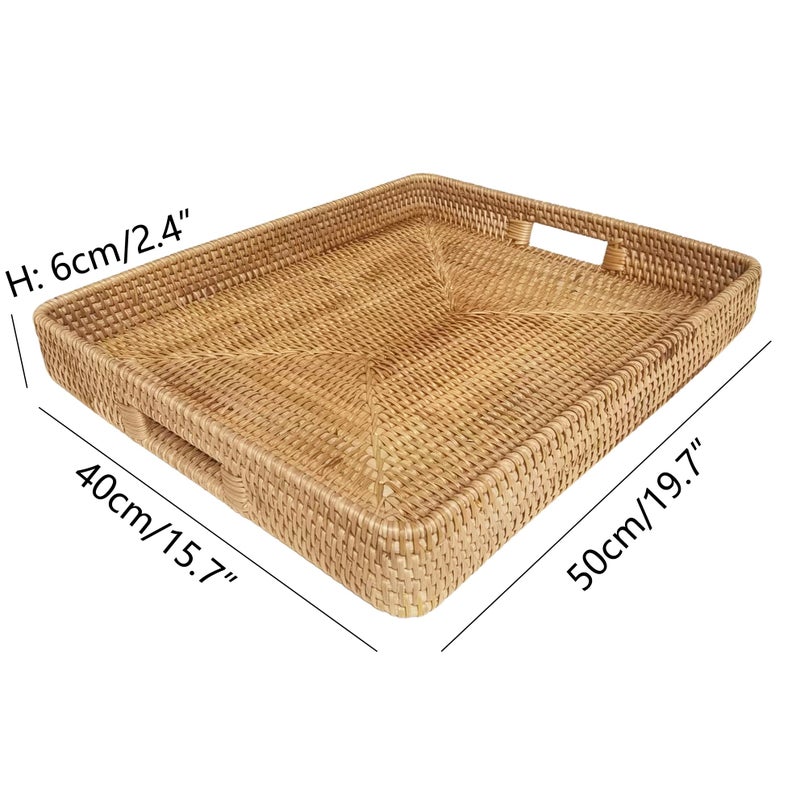 i-lan 20 Inch Handmade Rectangular Countertop Serving Trays with Cutout Handles,Rustic Decorative Rattan Woven Platter Holding Breakfast,Fruits,All Dish and Table Accessories. - Image 2