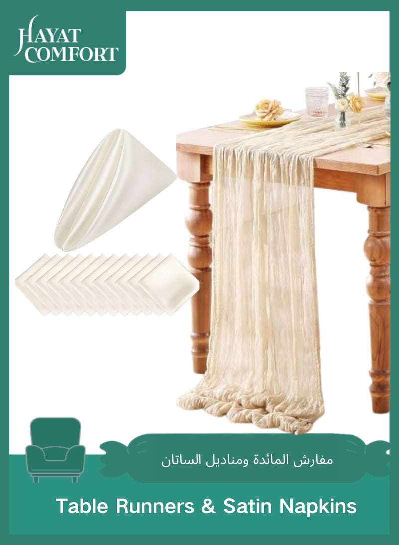 Hayat Comfort Boho Beige Table Runner + 10 Ivory Satin Napkins Set — Wedding Reception Decoration Bundle, Cheesecloth Muslin Runner (90×400 cm) & Soft Satin Dinner Napkins (43×43 cm) for Baby Shower / Birthday / Party - Image 1