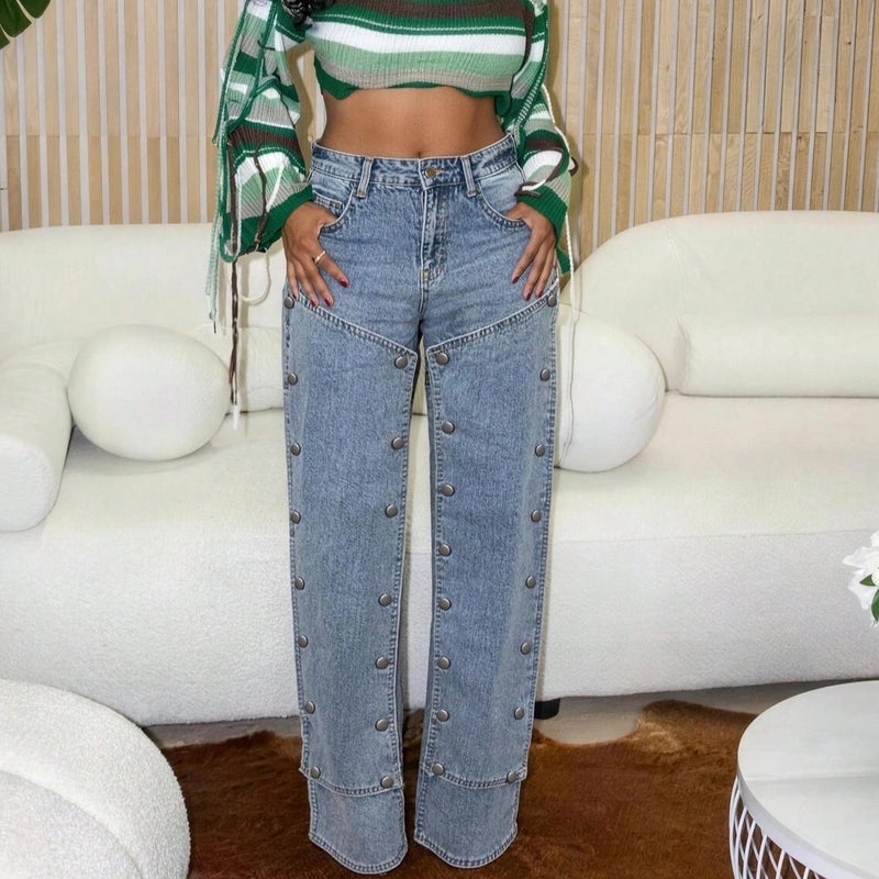 Women's Rhinestone Stitching Straight Leg Jeans Washed Distressed Metal Button Loose Wide Leg Pants - Image 4