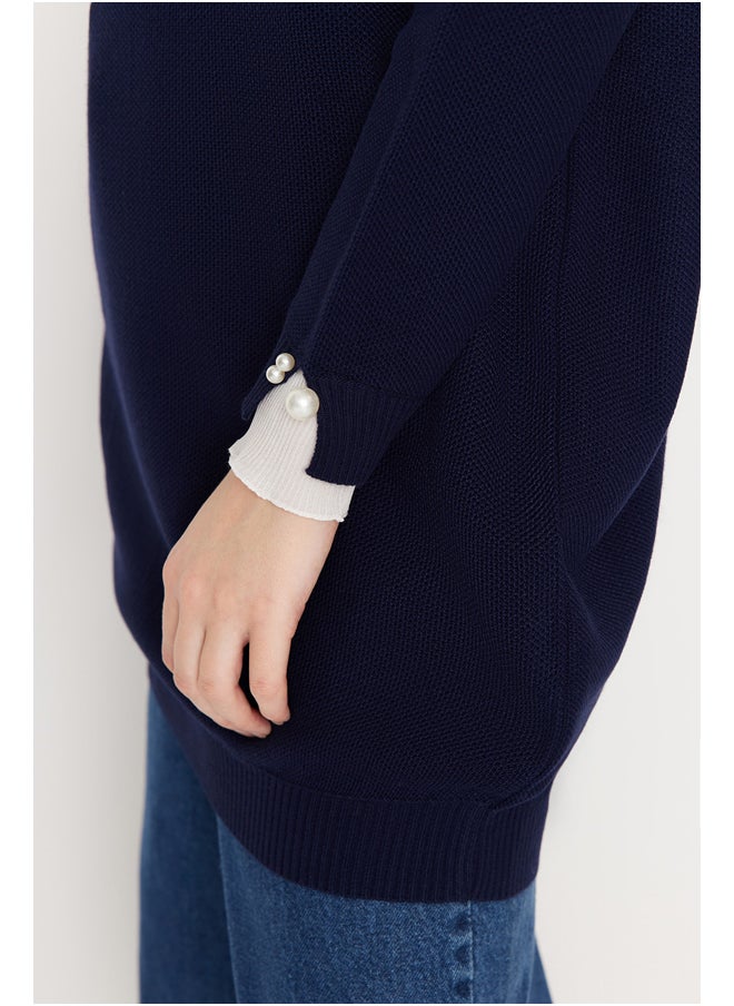 trendyol - Navy Blue Sleeves Pearl Detailed Knitwear Sweater TCTAW23AK00027 - Image 1