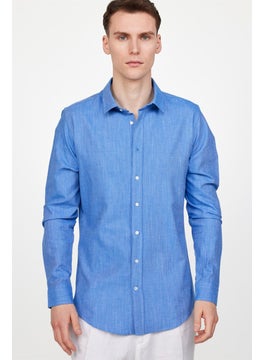 Tudors Slim Fit Long Sleeve Linen Effect Plain Piping Blue Shirt  - Image 1