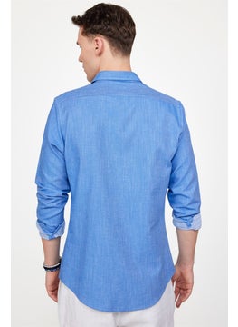 Tudors Slim Fit Long Sleeve Linen Effect Plain Piping Blue Shirt  - Image 3