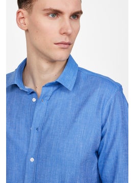Tudors Slim Fit Long Sleeve Linen Effect Plain Piping Blue Shirt  - Image 2