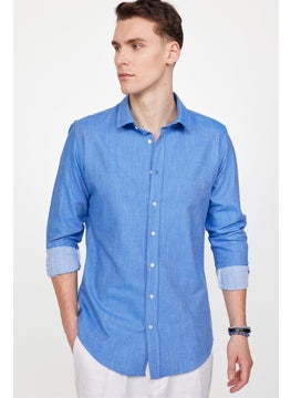 Tudors Slim Fit Long Sleeve Linen Effect Plain Piping Blue Shirt  - Image 4