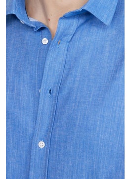 Tudors Slim Fit Long Sleeve Linen Effect Plain Piping Blue Shirt  - Image 5