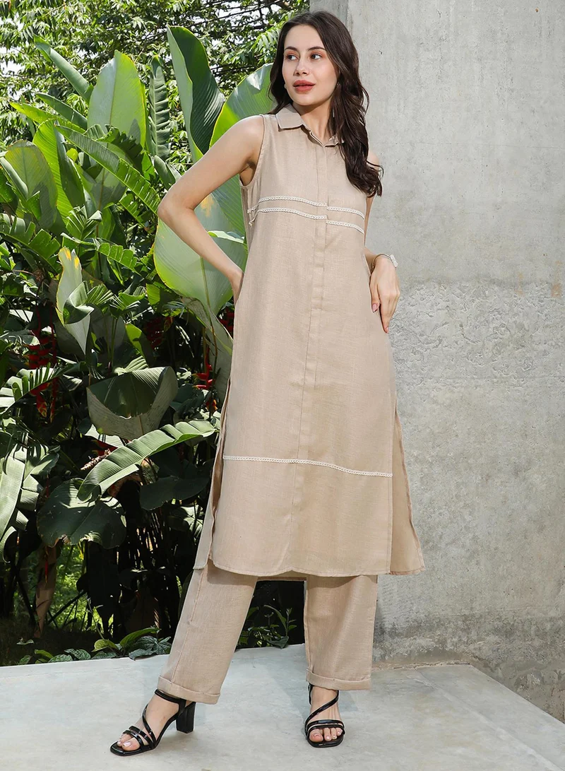  قصة Women's Sand Beige Lined Linen-Blend Kurta Set