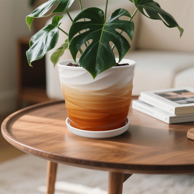 YUFDA 8 Inch Plant Pot, Ceramic Planter with Drainage and Saucer,Ceramic Planters for Indoor Plants, 8 Inch Garden pots(Khaki + White) - Image 4