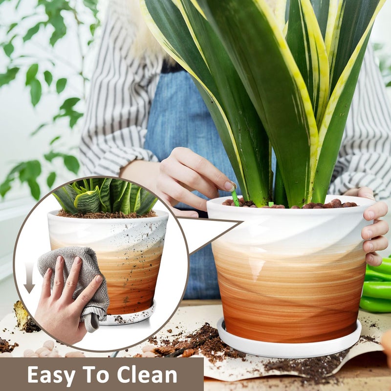 YUFDA 8 Inch Plant Pot, Ceramic Planter with Drainage and Saucer,Ceramic Planters for Indoor Plants, 8 Inch Garden pots(Khaki + White) - Image 5