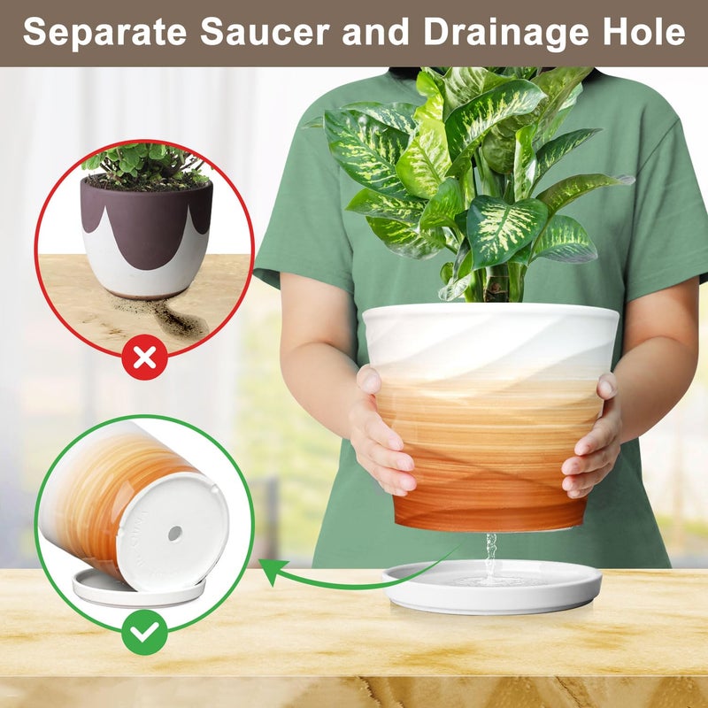 YUFDA 8 Inch Plant Pot, Ceramic Planter with Drainage and Saucer,Ceramic Planters for Indoor Plants, 8 Inch Garden pots(Khaki + White) - Image 3
