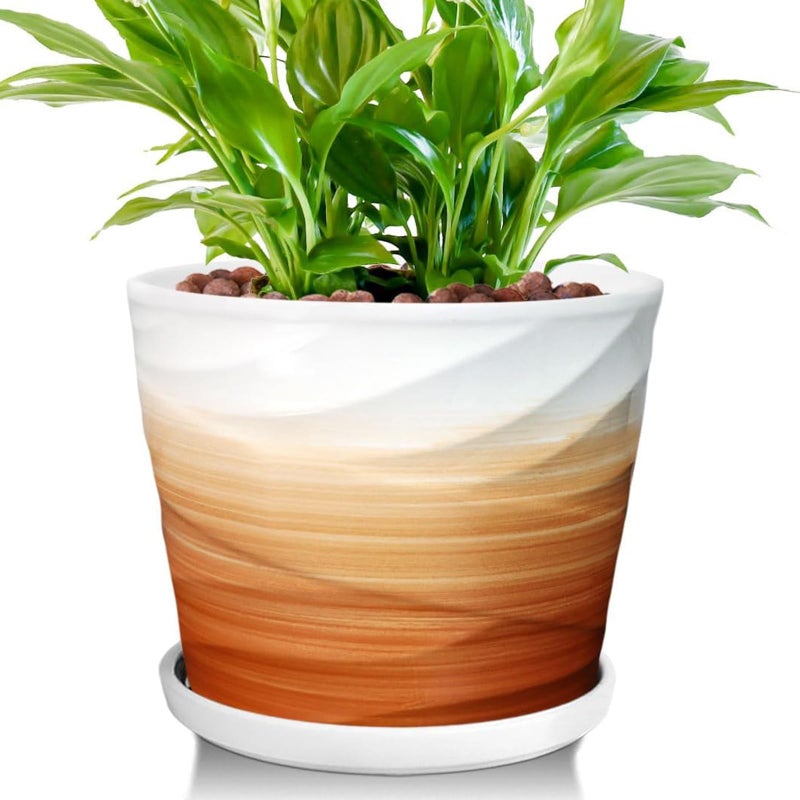 YUFDA 8 Inch Plant Pot, Ceramic Planter with Drainage and Saucer,Ceramic Planters for Indoor Plants, 8 Inch Garden pots(Khaki + White) - Image 1