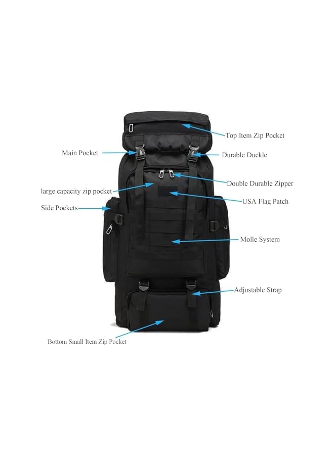 PROMASS حقيبة ظهر للمشي 80 لتر، حقائب تكتيكية عسكرية، حقيبة تخييم، حقيبة سفر، مقاومة للماء، سعة كبيرة 80 لتر، متينة، سوداء، للجنسين - Image 3