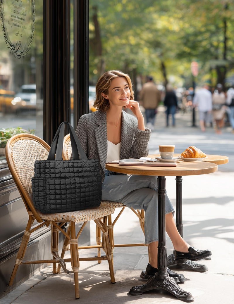 Yarnic Large Puffer Tote Bag for Women, 21L Puffy Shoulder Handbag Quilted Tote Bag with 7 Pockets for Travel Work Gym Overnight - Image 3