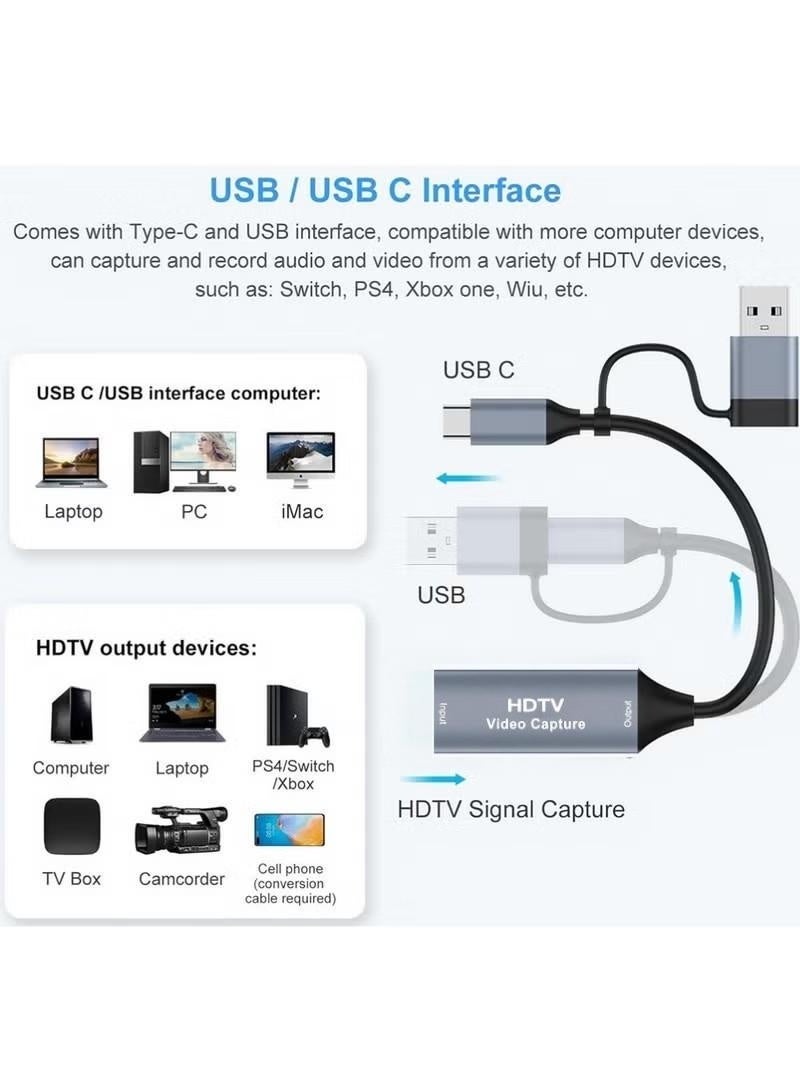 بطاقة التقاط فيديو HDMI 2 في 1 【منفذ USB-C + USB-A】 محول بطاقة التقاط فيديو HDMI إلى USB-C، بدقة 1080 بكسل بمعدل 60 هرتز، لتوسيع شاشة Xbox، وبث الألعاب المباشر، وتسجيل الفيديو على TikTok وYouTube، لأنظمة Windows وMacOS - Image 2