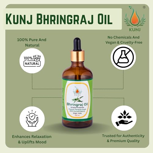 KUNJ Bhringraj Oil (Eclipta prostrata) 100ML – 100% Pure & Natural Cold Pressed Ayurvedic Hair Oil for Faster Hair Growth, Stronger Roots & Hair Fall Control | Lightweight, Non-Sticky Herbal Oil - Image 4