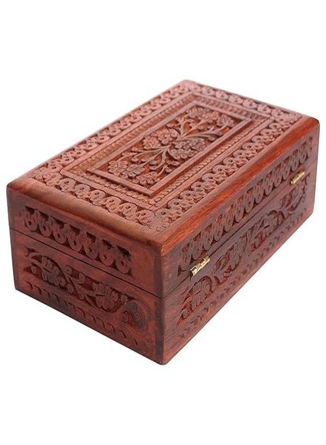 DECTEMS Handcrafted Floral Carving Wooden Jewellery Box Keepsake Storage Organizer | Unique Gift Idea for Women 8x5 Inch - Image 3
