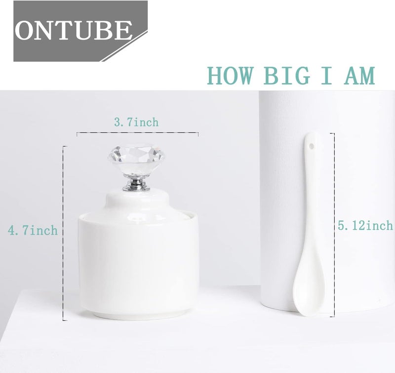 ONTUBE Porcelain Sugar Bowl with Crystal Lid and Spoon 8oz, White (Crystal silver) - Image 2
