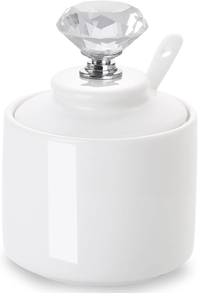 ONTUBE Porcelain Sugar Bowl with Crystal Lid and Spoon 8oz, White (Crystal silver) - Image 1