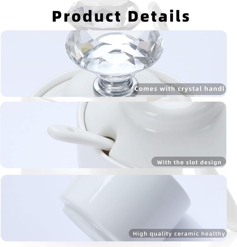 ONTUBE Porcelain Sugar Bowl with Crystal Lid and Spoon 8oz, White (Crystal silver) - Image 5