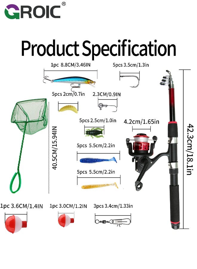 GROIC 1.8m Fishing Rod and Reel Combo, 2PCS Telescopic Fishing Rod, Spinning Reels *2, Fishing Hooks Bait Set,Portable Fishing Pole Set with Carrier Bag - Image 2