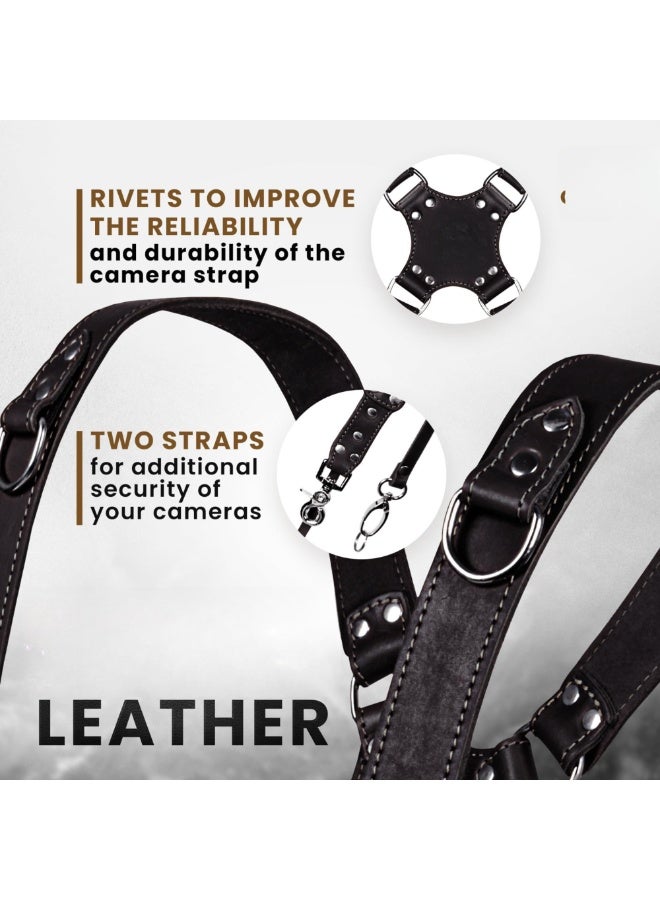 Camera Harness for 2 Cameras – Dual Shoulder Leather Camera Strap – Double Camera Harness BLACK, One Size - Image 3