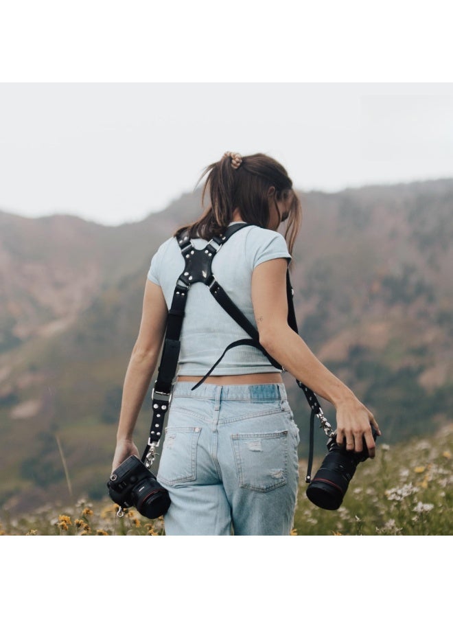 Camera Harness for 2 Cameras – Dual Shoulder Leather Camera Strap – Double Camera Harness BLACK, One Size - Image 2