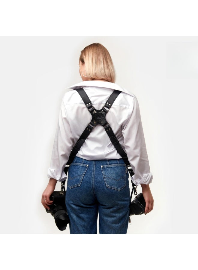 Camera Harness for 2 Cameras – Dual Shoulder Leather Camera Strap – Double Camera Harness BLACK, One Size - Image 1