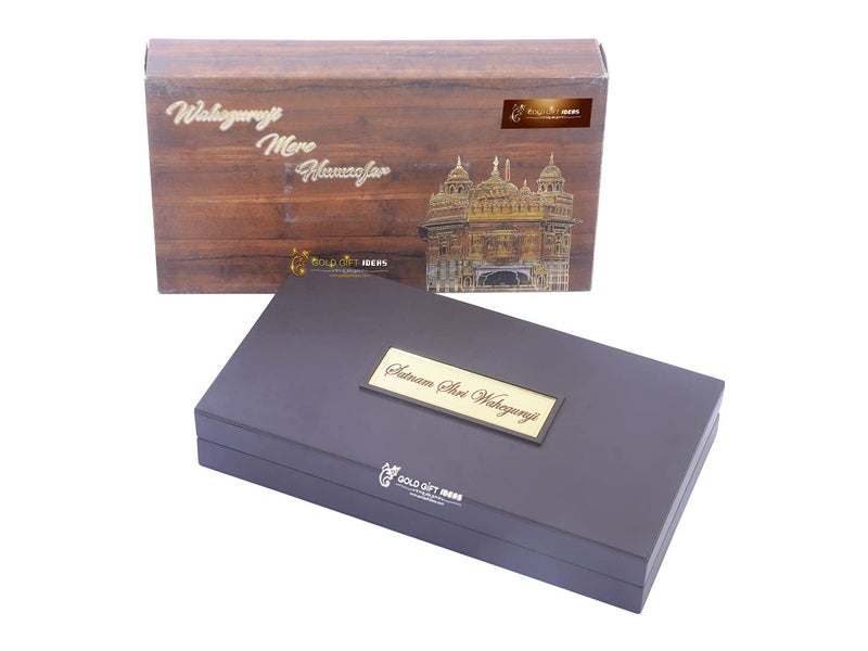 GoldGiftIdeas 24K Gold Plated WaheGuruji Photo Frame Box with Golden Temple (Khanda Craving), GuruNanak Wooden Momento Gift, Return Gifts for Marriage - Image 5