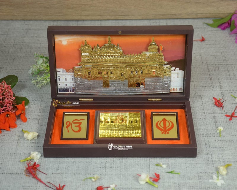 GoldGiftIdeas 24K Gold Plated WaheGuruji Photo Frame Box with Golden Temple (Khanda Craving), GuruNanak Wooden Momento Gift, Return Gifts for Marriage - Image 2