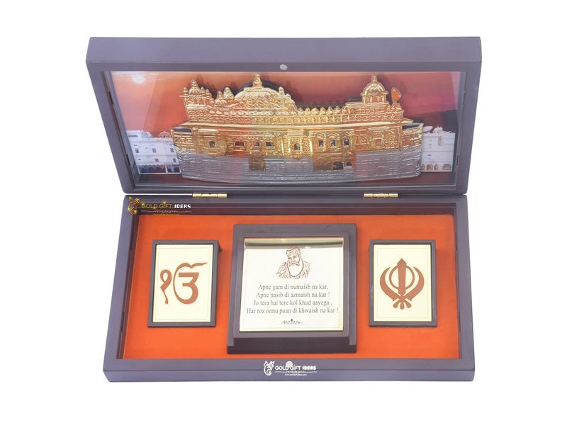GoldGiftIdeas 24K Gold Plated WaheGuruji Photo Frame Box with Golden Temple (Khanda Craving), GuruNanak Wooden Momento Gift, Return Gifts for Marriage - Image 4